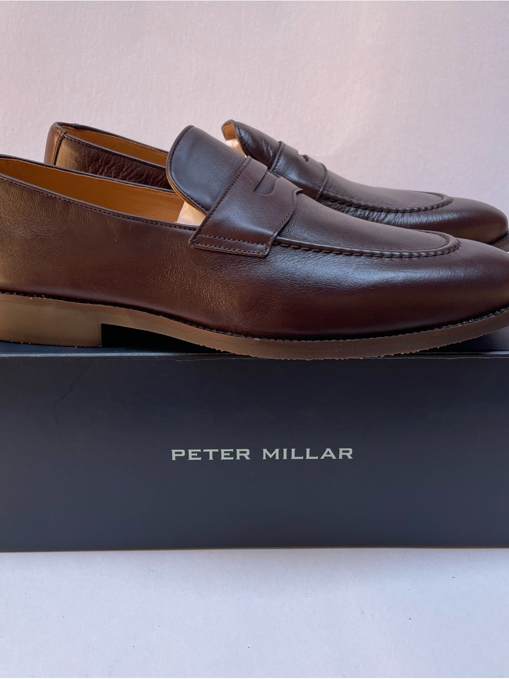 Peter Millar Madison Men’s Brown Leather Penny Loafers New In Box